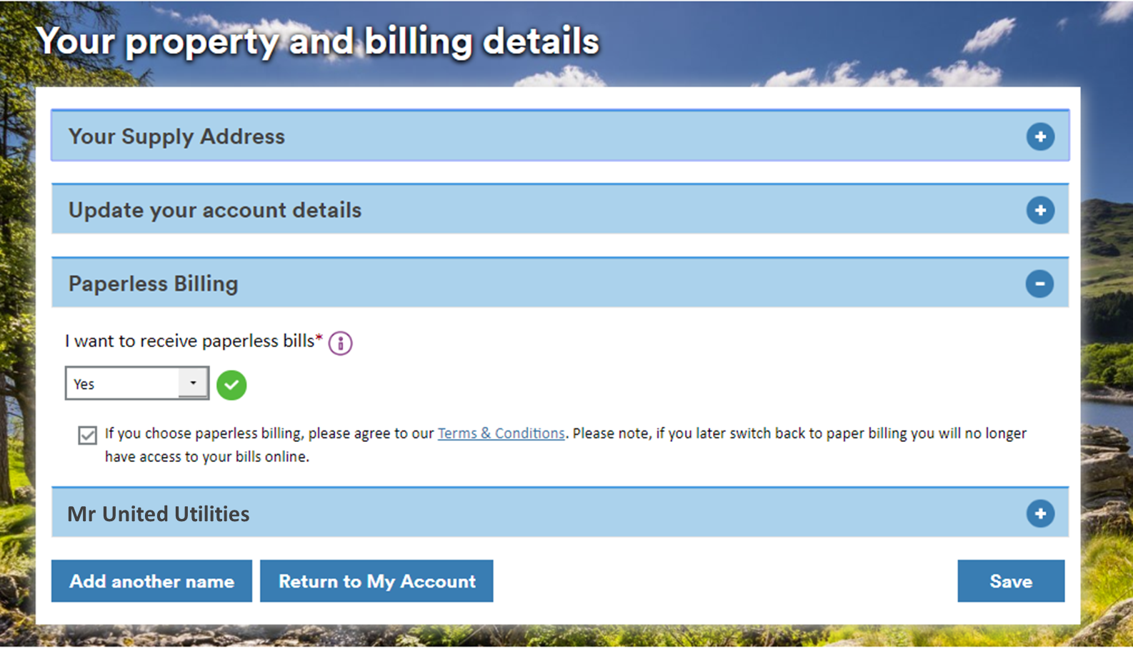 Screenshot of the 'My property and billing details' page in My Account